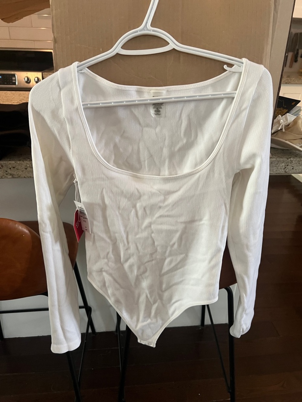 Sunday Best White Ribbed Scoop Neck Long-Sleeve Bodysuit